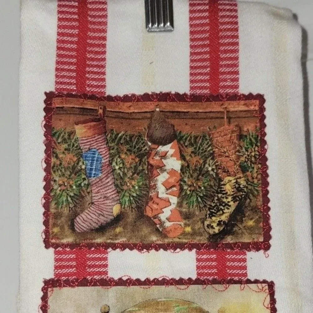 2 NWOT Christmas Tea Towels 1 from Crate & Barrel, 1 no tag. Gingham & Santa …